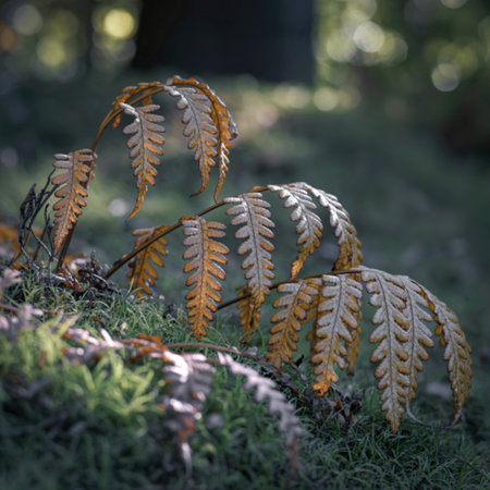 Dried autumn ferns on mossy forest floorの写真素材