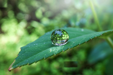 Water droplet reflecting nature on a leafの写真素材