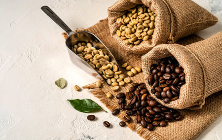 Green and brown decaf unroasted and dark roasted coffee beans in hemp sack bagsの写真素材