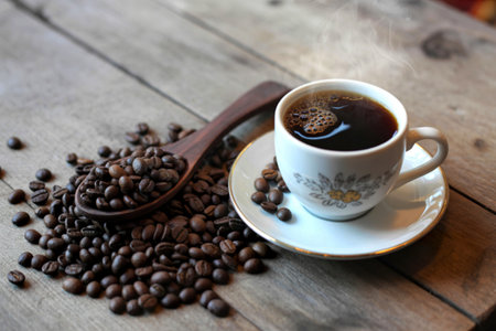 A white porcelain cup filled with dark, steaming coffee sits on a saucer. Scattered around are roasted coffee beans and a wooden spoon, all on a rustic wooden surface.の写真素材