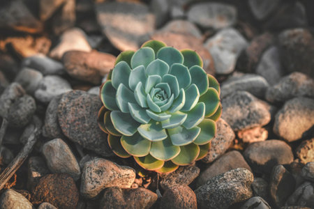 Succulent plant among grey stonesの写真素材