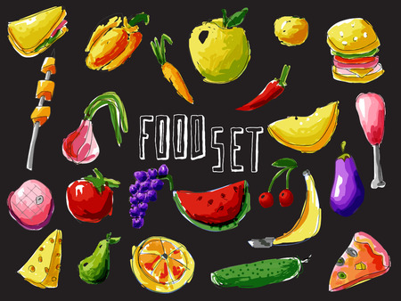 set with food. Vegetables, fruits and meat. Stylized food. Hand drawn set for menu cafe and restaurant. Template for your designのイラスト素材