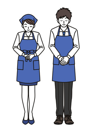 Man and woman bowing in apronのイラスト素材