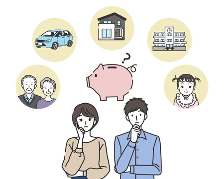 Men and women thinking about the purpose of savingのイラスト素材