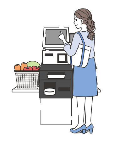 Illustration of a woman using a self-checkoutのイラスト素材