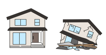 Before and after earthquake illustration of collapsed and intact houseのイラスト素材