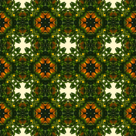 Floral kaleidoscope mosaic mandarin tree seamless texture or backgroundの写真素材