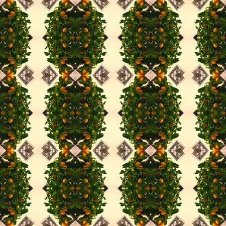 Floral kaleidoscope mosaic mandarin tree seamless texture or backgroundの写真素材
