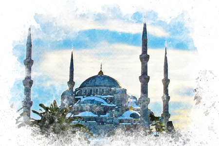 Watercolor art Blue Mosque Minarets, Islam and religion concept.の写真素材