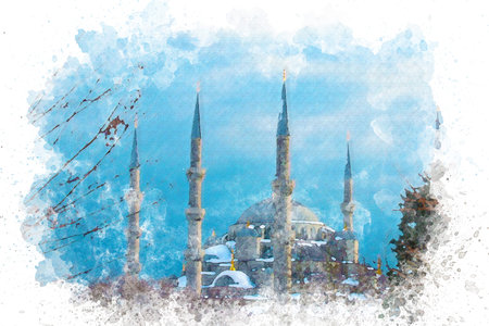 Watercolor art Blue Mosque Minarets, Islam and religion concept.の写真素材