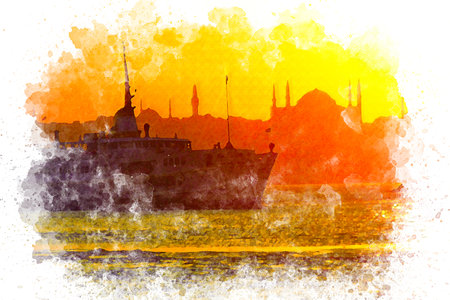 Watercolor art Istanbul Silhouette sunset view , Bosphorus ferryの写真素材