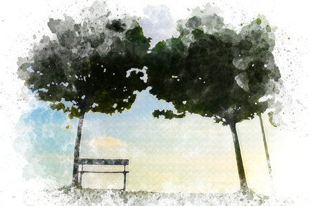 Watercolor art A bench in the middle of two trees , dramatic conceptの写真素材