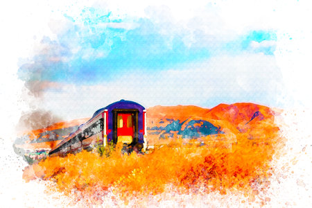 Watercolor art ,Eastern express. train that carries passengers from east to westの写真素材