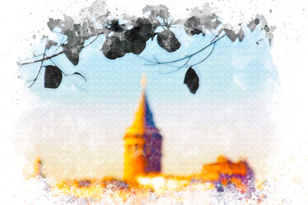 Watercolor art, Galata tower at sunset on leaf silhouette background.の写真素材