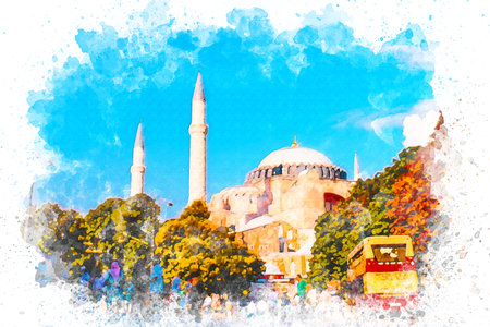 Watercolor art Hagia Sophia minaret,sunny and blue sky,islamic conceptの写真素材