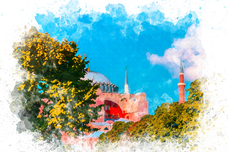 Watercolor art Hagia Sophia minaret,sunny and blue sky,islamic conceptの写真素材