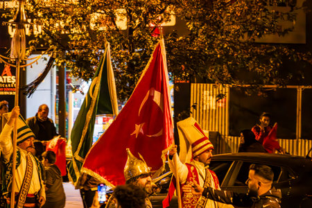 100th Anniversary of the Republic or Cumhuriyetin 100. Yili , March with Turkish Flags. Torchlight Procession. Erzurum, Turkey - October 28, 2023のeditorial素材