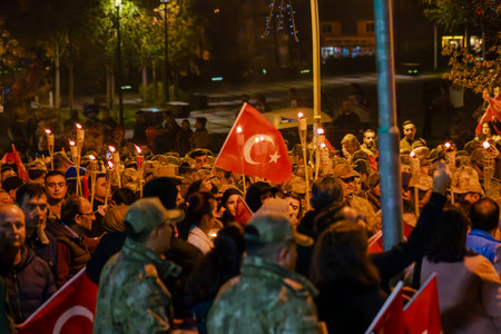 100th Anniversary of the Republic or Cumhuriyetin 100. Yili , March with Turkish Flags. Torchlight Procession. Erzurum, Turkey - October 28, 2023のeditorial素材