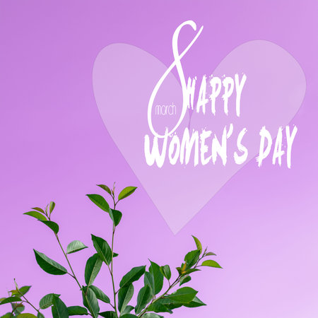 8 March Happy Valentines Day or Happy Womens Day. Green leaves on the branch on a purple background....