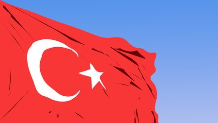 Bold vector illustration of the Turkish flag waving against a clear blue sky, symbolizing national pride and significant patriotic days.のイラスト素材