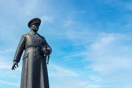 Monumental statue of Ataturk with blue sky background, symbolizing leadership. Ezrurum ,Turkey -...
