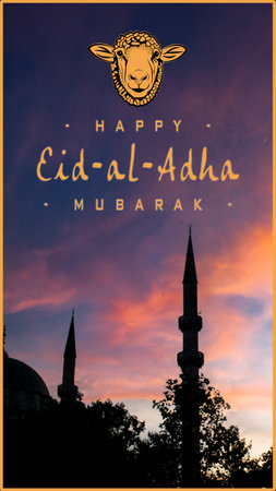 Eid al-Adha card with mosque silhouette against a vibrant sunset sky. History, post . . Vector illustrationのイラスト素材