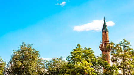 Ibrahim Pasha Mosque in Erzurum framed by lush green trees, space for text, symbolizing peace and Islamic heritage. Ramadan or laylat al-qadr or kadir gecesi concept horizontal photo.の写真素材