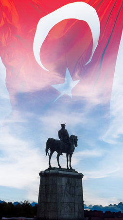 Turkish Flag and Ataturk. 29 October Cumhuriyet Bayram or 29th october republic day of Turkey background vertical photo.の写真素材