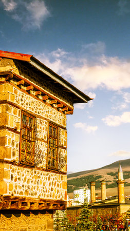 Historical Erzurum Stone Houses or Traditional Erzurum stone houses on cobblestone street.の写真素材