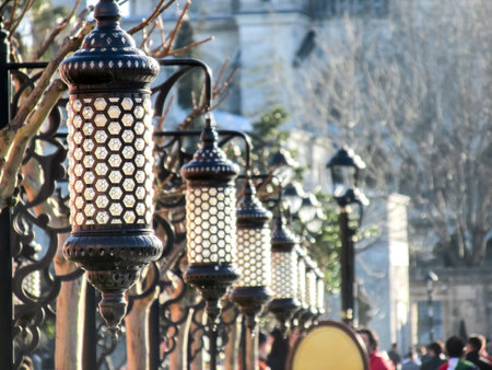 Decorative Islamic lanterns leading to Sultanahmet Mosque, highlighting traditional craftsmanship...