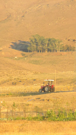 A picturesque view of Anatolian village life featuring a tractor amidst golden fields, a serene...