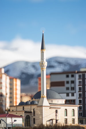 A stunning mosque in Erzurum framed by a snowy mountain range and vibrant blue sky, perfect for Islamic and architectural backgrounds with a serene atmosphereの写真素材