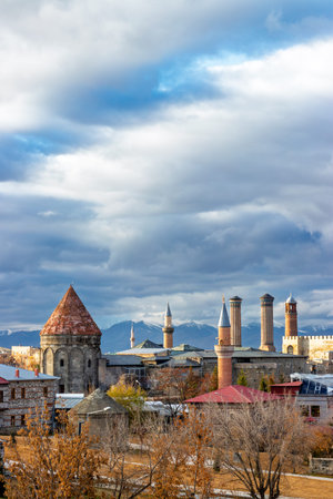 The historic skyline of Erzurum with its iconic castle, Twin Minaret Madrasa, mosques, and tombs, set against a dramatic sky and mountain backdrop.の写真素材
