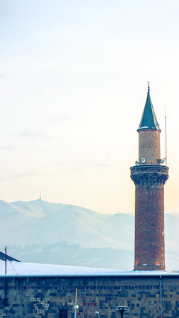Erzurum Ulu Mosque with the majestic Palandoken Mountain in the background.の写真素材