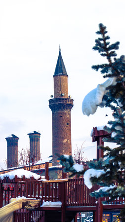 Erzurum Ulu Mosque and the historic Twin Minaret Madrasa framed snow and trees.の写真素材