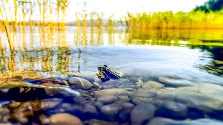 A serene scene of a frog in crystal-clear water, symbolizing patience and calm amidst the gentle reflections of reeds and stones, capturing a metaphor for resilience in nature.の写真素材