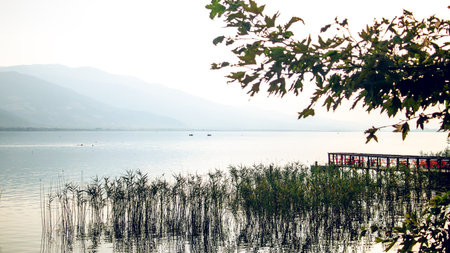 A tranquil, minimalist scene of Sapanca Lake, framed by reeds and branches, evoking a dreamy and ethereal atmosphere with calm waters and soft mountain backdrops.の写真素材