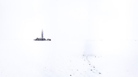 A minimalist winter scene featuring a solitary house and a single tree amidst endless snowfields, symbolizing solitude and tranquility in Erzurum, Turkey.の写真素材