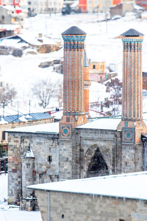 Twin Minaret Madrasa or Cifte Minareli Medrese in Erzurum of Seljuk architectureの写真素材