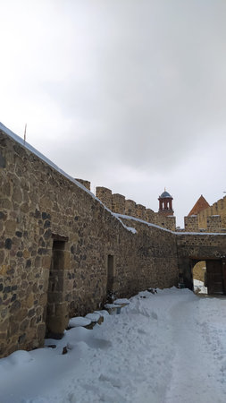 Clock Tower of Erzurum Castle in a tranquil winter setting.