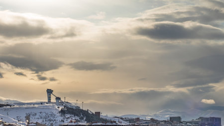 Dramatic sunset view of the Erzurum ski jumping towers.の写真素材