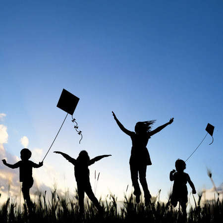 A heartwarming silhouette of children flying kites at sunset, symbolizing freedom, unity, and happinessの写真素材