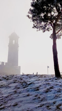 Erzurum Castle Clock Tower or Saat Kulesi in a misty winter landscape framed by a tall pine tree.
