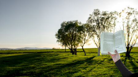 Reading in nature, where knowledge and serenity unite with space for write.の写真素材