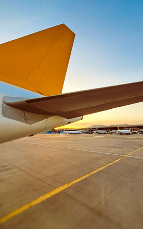Close-up view of a passenger airplanes tail and wing at the airport during sunset. Symbol of air travel, transportation, and journey.の写真素材