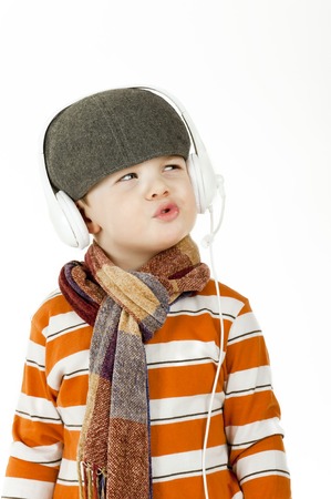 boy listening to music with headphonesの写真素材