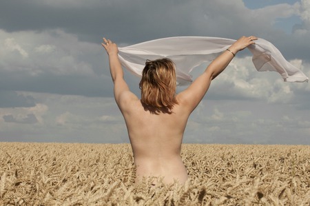 Nude woman in the wheat fieldの写真素材