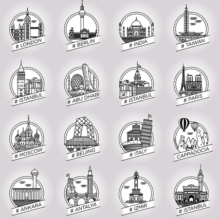 vector line city and country historical building badge setのイラスト素材