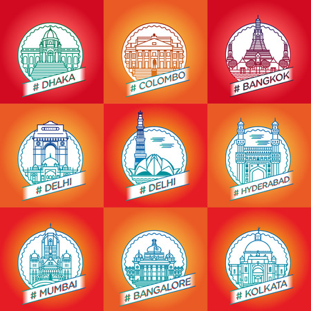 vector line dhaka, colombo, bangkok, delhi, hyderabad, hyderabad, bangalore, kalkata, badge setのイラスト素材