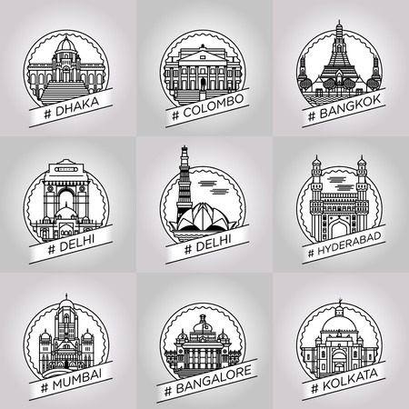 vector line dhaka, colombo, bangkok, delhi, hyderabad, hyderabad, bangalore, kalkata, badge setのイラスト素材